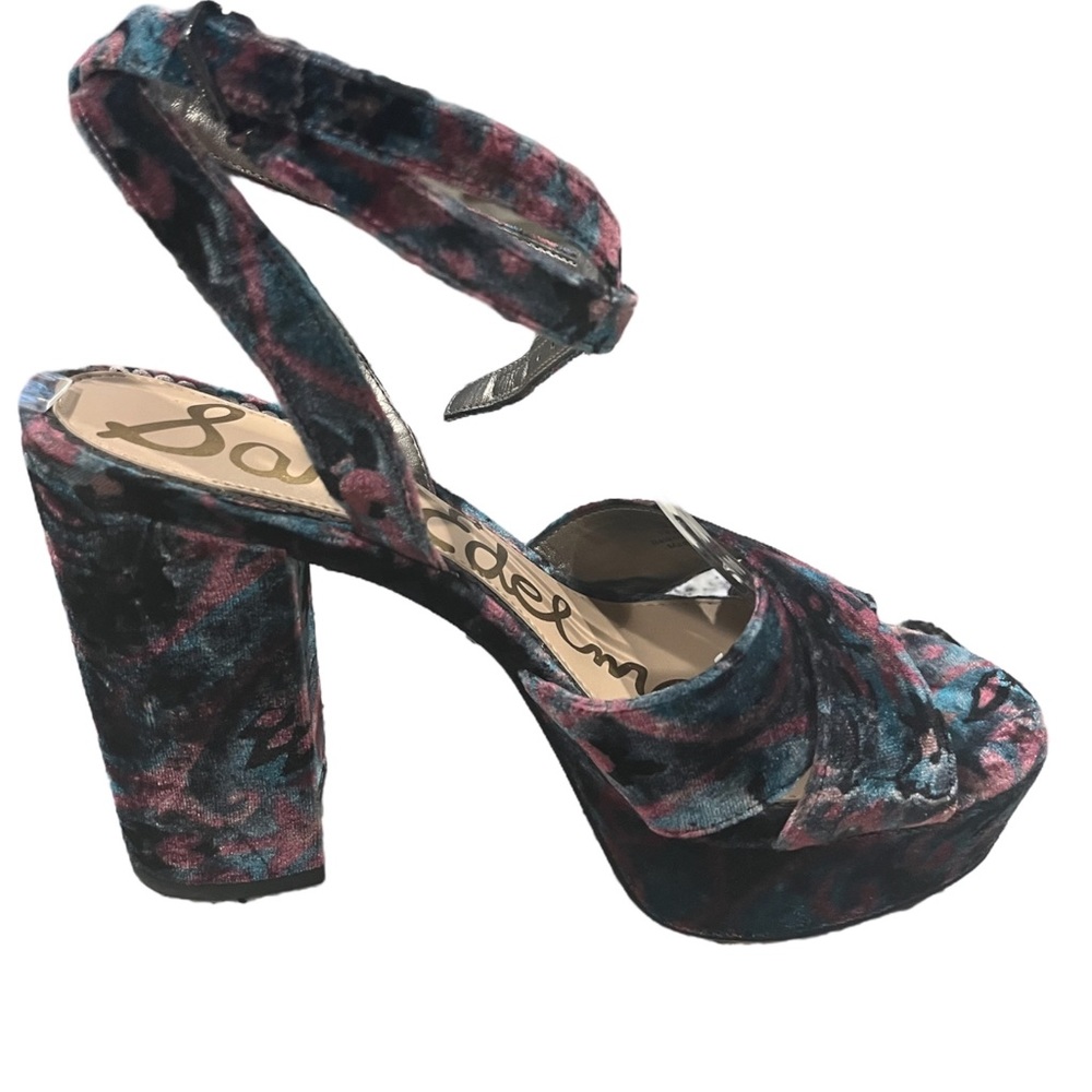 Sam Edelman Multicolor Velvet Platform Ankle-Tie Sandals - Teal, Pink, Black